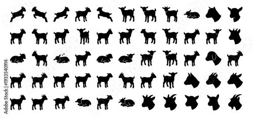 Huge bundle of baby goat silhouette vector graphics including full body poses, jumping kids, grazing livestock, and horned goat head portraits for farm animal logo templates.