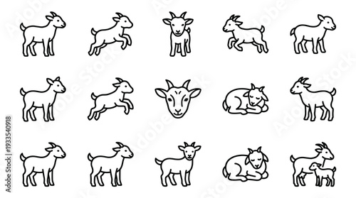 Cute baby goat line art vector illustration set featuring adorable little kid goats jumping, standing, resting, and smiling. Farm animal outline designs for kids coloring book.