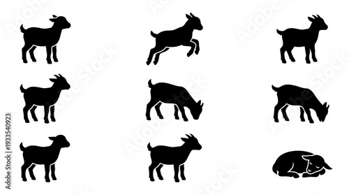 Set of black baby goat silhouette vector icons showing young farm animals jumping, walking, and sleeping. Perfect for agriculture, livestock, and nature themed design elements.