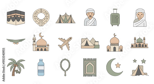 Hajj and Umrah Islamic Pilgrimage Icon Set with Kaaba, Mosque, Pilgrims, and Travel Elements for Ramadan and Eid Design