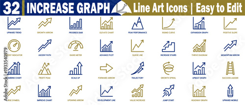 Increase and growth graphs icons set. Collection of business finance performance and data analysis with bar charts and upward trending elements vector illustration.