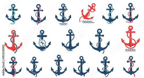 A vibrant collection of fifteen stylized navy blue and red anchors, each intricately wrapped with a rope, displayed against a pristine white background.