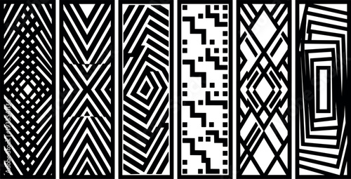 Minimalist black and white geometric panels vertical pattern set optical maze stripes diamond chevron square repeat vector art high contrast