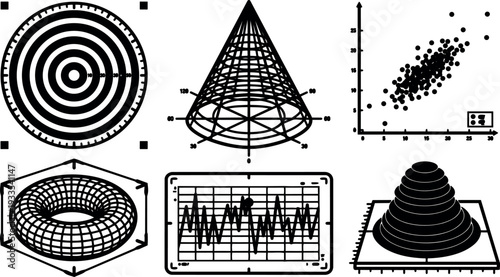 Scientific vector infographic set target cone scatter plot torus waveform layered contour mound in isometric black and white technical diagrams