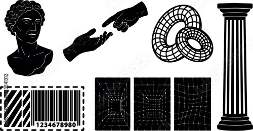 Minimalist vector silhouette set classical bust reaching hands torus meshes barcode column and warped grid icons monochrome bold flat illustration