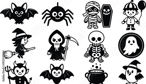 Cute Halloween Character Icons Set with Bat, Ghost, Witch, Skeleton and Pumpkin Elements, Black Silhouette Vector Illustration for Spooky Party Design and Seasonal Decorations