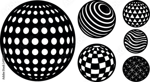 Flat design abstract patterned spheres set with optical dot striped checker wave motifs isolated on white background vector collection