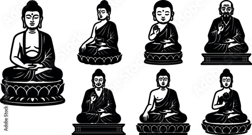 Minimalist silhouette vector showing seven meditating buddha statues in various mudras seated on lotus bases close up black isolated set