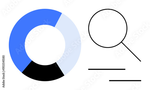 Pie chart in blue, black, light blue segments beside a magnifying glass and two lines. Ideal for research, analytics, problem-solving, progress tracking, auditing strategy decision-making. Simple