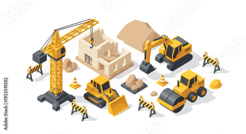 An isometric illustration depicting a construction site with a yellow crane, excavator, bulldozer, and road roller, alongside a building, sand, and barriers.