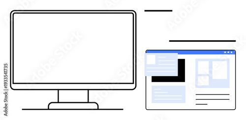 Web design, online navigation, technology, user interface, digital communication, website management. Minimalistic monitor with a webpage interface. Web design and online navigation concept