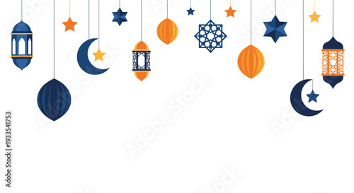 A minimalist display of hanging blue and orange Ramadan lanterns, crescent moons, and stars, suspended from strings against a clean white background.