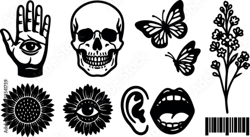 Tattoo flash close up hand with eye skull sunflower butterfly ear mouth floral stem barcode bold black vector set icons