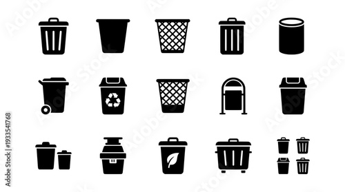 Diverse Waste Bin and Trash Can Icons Set