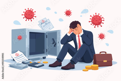 Depressed Businessman Sitting by an Empty Safe, Representing Bankruptcy and Financial Crisis During a Pandemic. Economic Impact of COVID-19 on Business, Debt, and Loss of Savings Illustration.