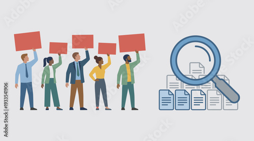 Diverse Group of Unemployed People Holding Red Signs and Placards Searching for Work with Magnifying Glass over Resumes and Documents, Job Search and Recruitment Concept Flat Vector Illustration