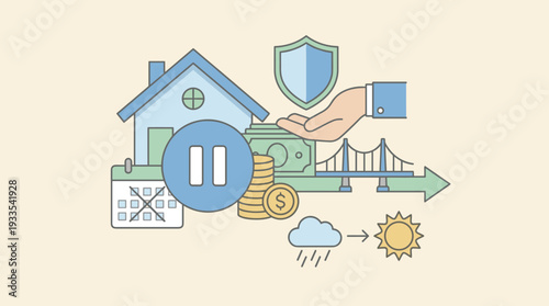 Home Loan Repayment Moratorium Concept Illustration with Pause Button, House, and Shield. Financial Relief Measures, Mortgage Payment Deferral, and Economic Support for Homeowners and Debtors.
