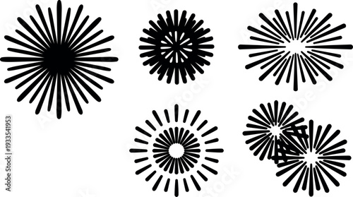 Flat design radial burst set of black sunburst icons arranged on white background close up multiple overlapping elements simple graphic