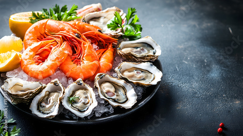 A plate of fresh seafood including oysters and shrimp on ice with lemon and parsley