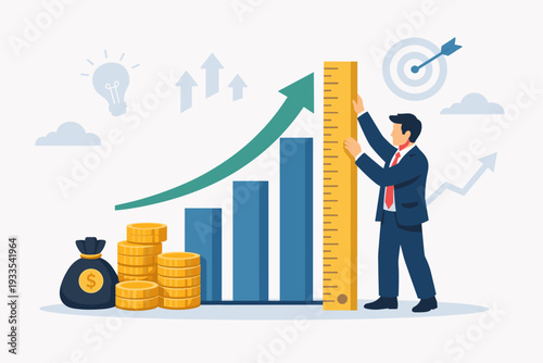 Businessman measuring a rising financial bar chart with a large ruler, symbolizing investment growth, income boost, profit success, business strategy, and achieving financial goals and targets.