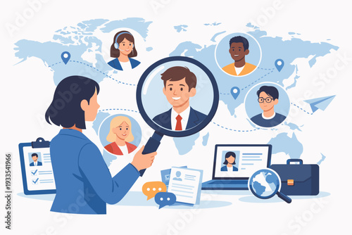 HR Manager Searching for Global Candidates with Magnifying Glass over World Map, Human Resources Recruitment Process, Finding Professional Talent for Job Vacancy, Hiring and Selection Illustration.