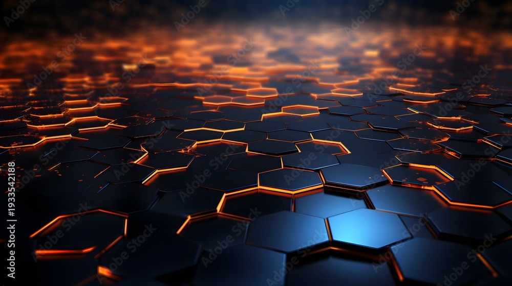 Fototapeta premium A futuristic digital landscape of glowing hexagonal tiles forming a vast network of interconnected patterns