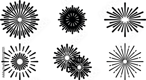 Flat design radial burst sunburst icon set six black starburst variations top view overlapping elements minimalist vector graphics silhouette shapes