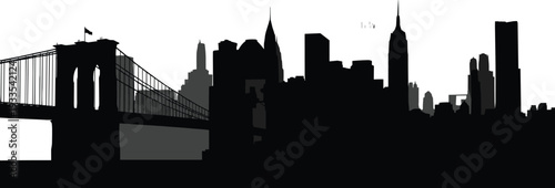 New York City Skyline Silhouette with Brooklyn Bridge, Black and White Urban Cityscape Vector Illustration, Famous Landmark Architecture Design for Travel and Tourism