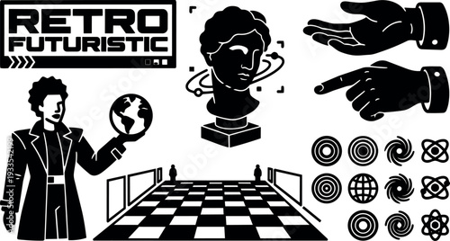 Retro futuristic vector set showing bust with orbit globe holding figure pointing hands and perspective chessboard scene in monochrome icons