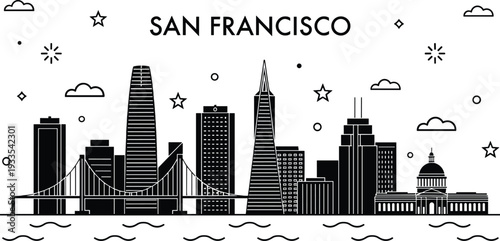 San Francisco Skyline with Golden Gate Bridge and Landmark Buildings, Black and White Cityscape Vector Illustration for Travel Poster and Tourism Design