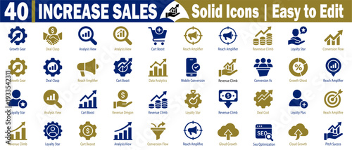 Set of forty increase sales solid icons. Collection of growth gear deal clasp analysis, view cart boost reach amplifier, revenue climb, loyalty star conversion flow analytics vector illustration.