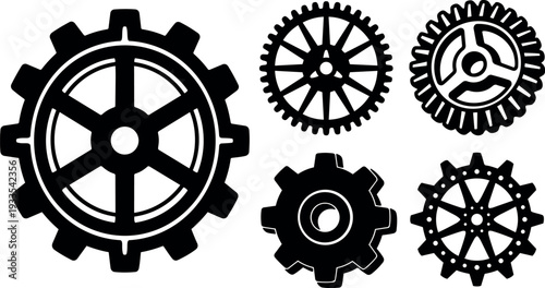 Flat design industrial gear icons set showing five black mechanical cog silhouettes arranged on white background high contrast vector collection