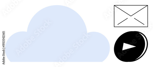 Data storage, cloud computing, digital communication, multimedia, file sharing, technology services. Blue cloud, email envelope and play button. Cloud computing and digital communication concept