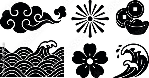 Monochrome japanese emblem set with stylized crashing wave cloud sakura coins sunburst icons in flat vector style bold line art