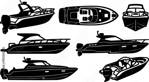 Vector silhouette top view and side profiles of modern speedboats with outboard motors and cabin details angled isolated