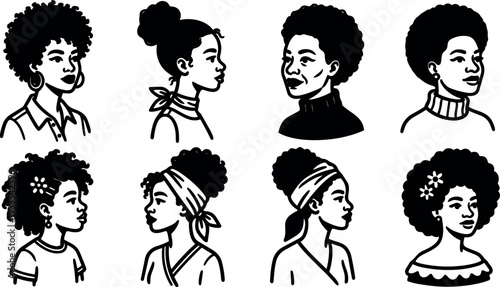 Line art vector of eight african women side profiles and three quarter faces wearing headwraps hoops vintage afro styles minimal