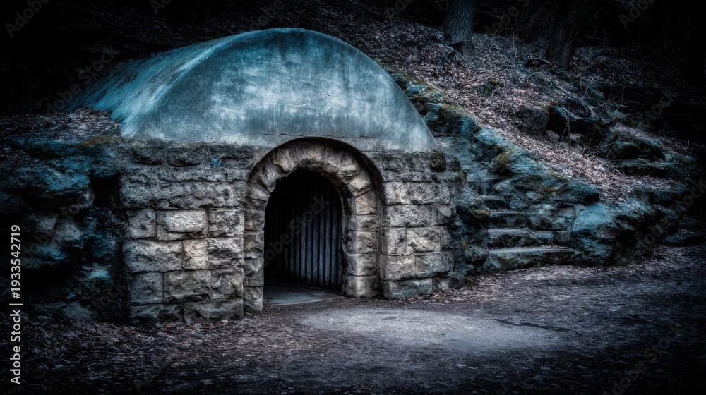 Fototapeta premium An ancient stone burrow entrance shrouded in deep shadows with a barred gate leading into darkness