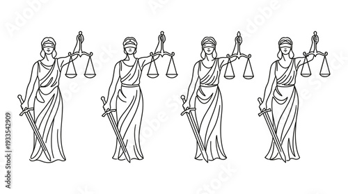 Lady justice vector set of outline illustrations showing standing blindfolded goddess holding scales and sword symbolizing law court attorney legal system fairness and equality.