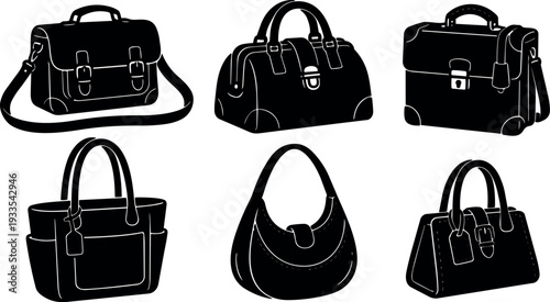 Flat design black bag silhouettes set showing satchel duffle briefcase tote hobo and clasp handbag isolated on white background vector