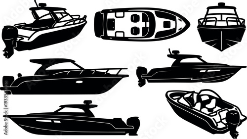 Minimalist vector boat silhouettes set top view and side view motorboats with outboard engines modern yacht profiles black icon collection
