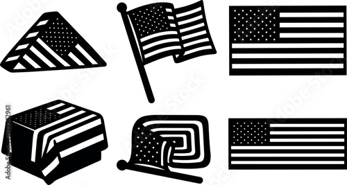 Flat design united states flag icons set showing folded draped and waving flags on white background simple black minimalist vector
