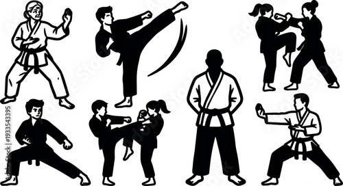 Minimalist vector martial arts silhouettes showing karate stances high kick self defense training dojo scene bold monochrome front view characters