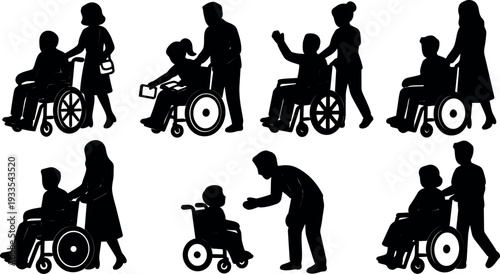 Flat design silhouettes of caregivers assisting wheelchair users in varied interactions close up profiles showing support care companionship compassionate mood