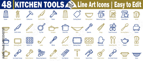 Kitchen tools line art icons set. Featuring cooking and baking essential kitchen utensils like grater, can opener, corkscrew, chef knife, peeler, and cutting board vector illustration.