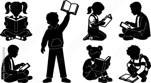 Silhouette vector children reading in various poses one boy raising book overhead center sitting kneeling cross legged backpack school quiet