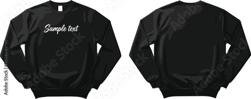 Black sweatshirt mockup vector illustration front and back view of long sleeve crewneck fleece shirt apparel template with copy space for custom design.
