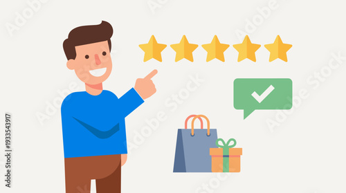 Customer satisfaction concept with a happy man pointing at five stars. Flat vector illustration of positive feedback, excellent product review, shopping experience, and high quality service.