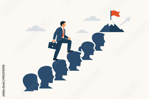 Businessman Climbing Career Ladder Made of Human Heads Towards Success Mountain Peak with Red Flag, Concept of Ruthless Ambition, Corporate Competition, and Achieving Goals at Any Cost