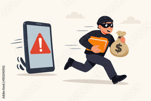 Cybercriminal Thief Running Away from Smartphone with Stolen Data Folder and Money Bag, Mobile Security Breach, Digital Fraud and Hacking Concept Illustration, Data Theft and Cyber Crime Art