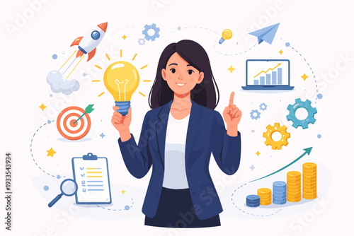 Professional woman holding a glowing lightbulb for innovation and creative business ideas, surrounded by icons of startup growth, rocket launch, financial success, strategy, and planning.